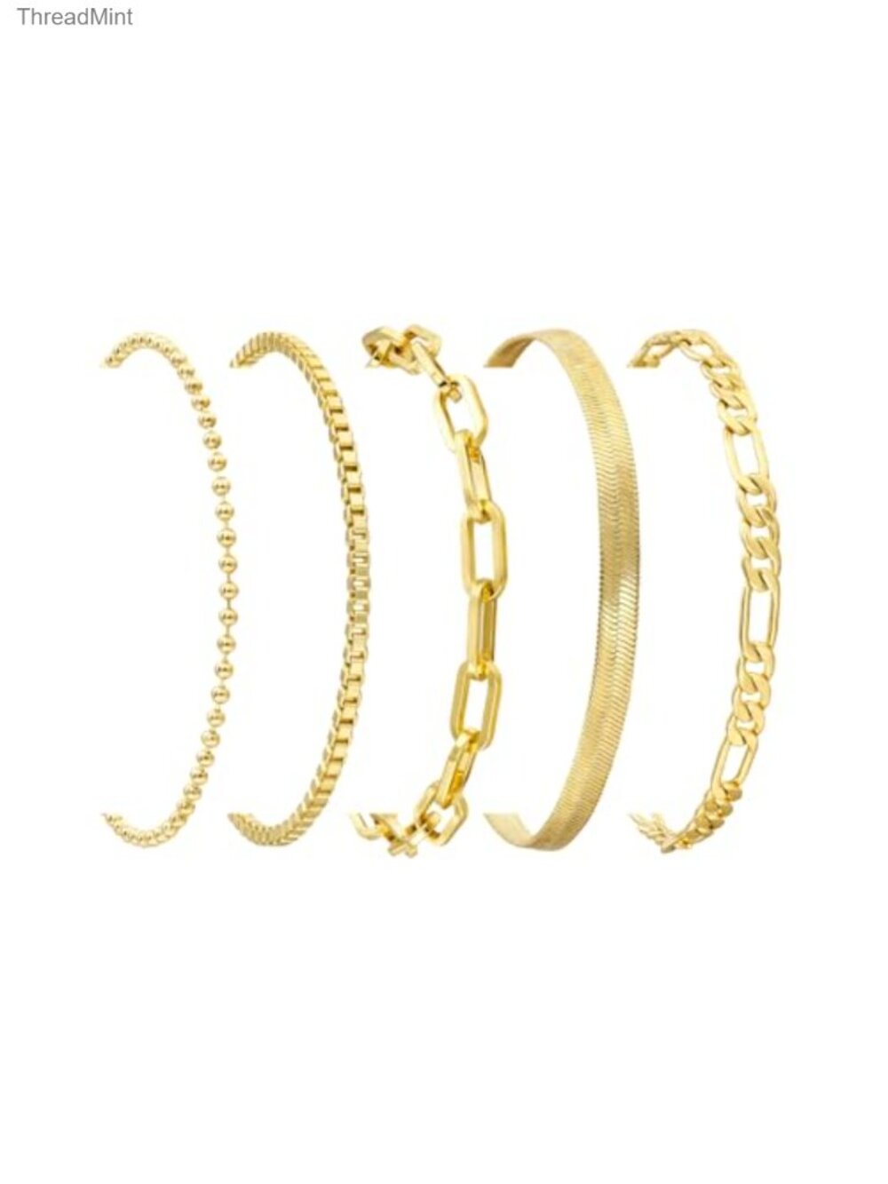 5-Piece Dainty Stackable Gold Plated Bracelet Set with Paperclip & Curb Link